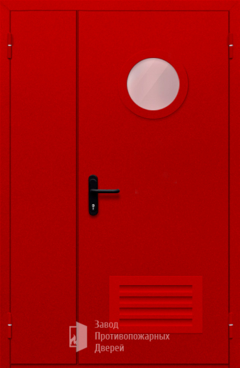 Фото двери «Полуторная с круглым стеклом и решеткой (красная)» в Озёрам